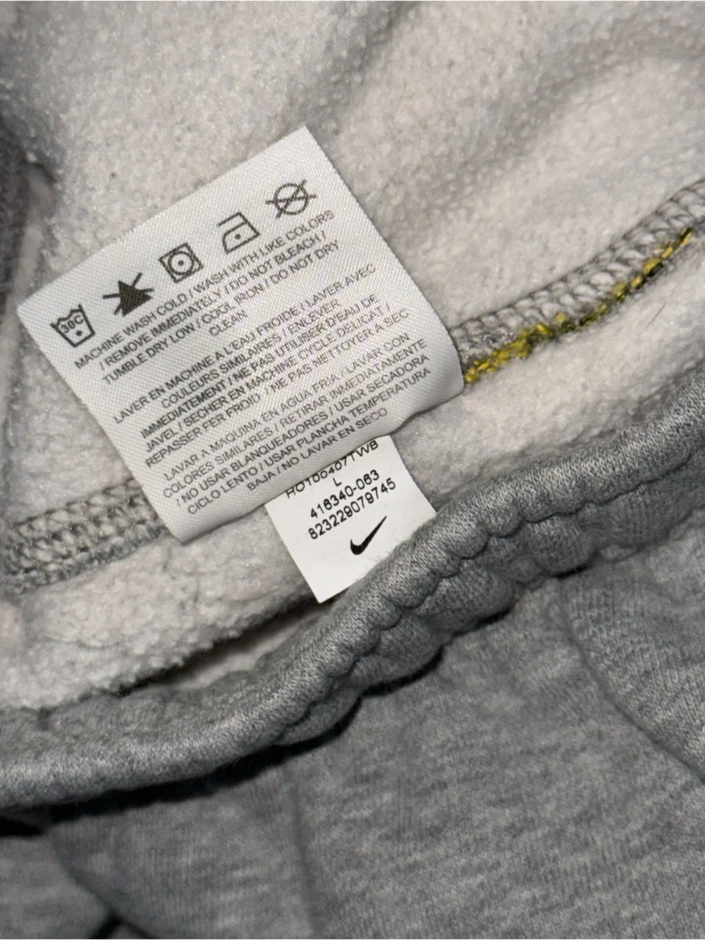 Nike Club Fleece Gray Sweatpants Large Yellow Swoosh Open Leg